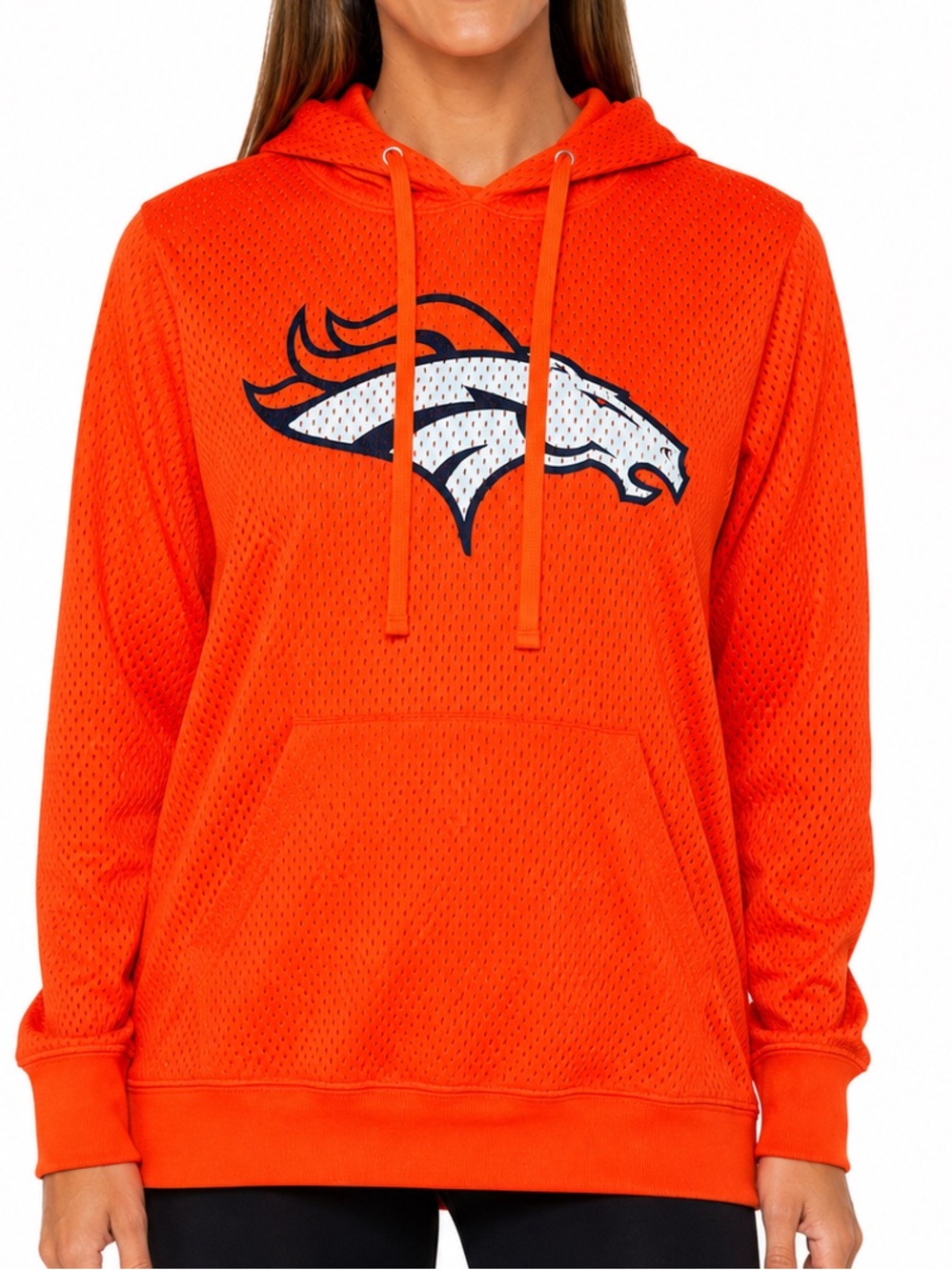Denver Broncos NFL Women’s Orange blue white Mesh Pullover Hoodie Size Small NWT